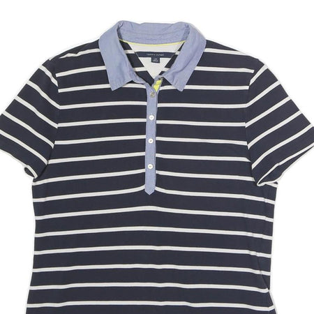 TOMMY HILFIGER Mens Navy Blue & White Striped Short Sleeve Polo Shirt L Cotton
