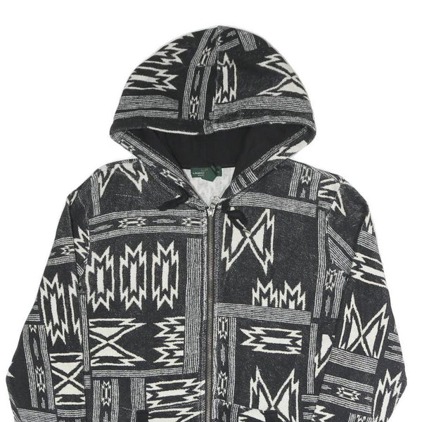 LAUREN RALPH LAUREN Womens Black & White Geometric Full Zip Hoodie L Relaxed Fit