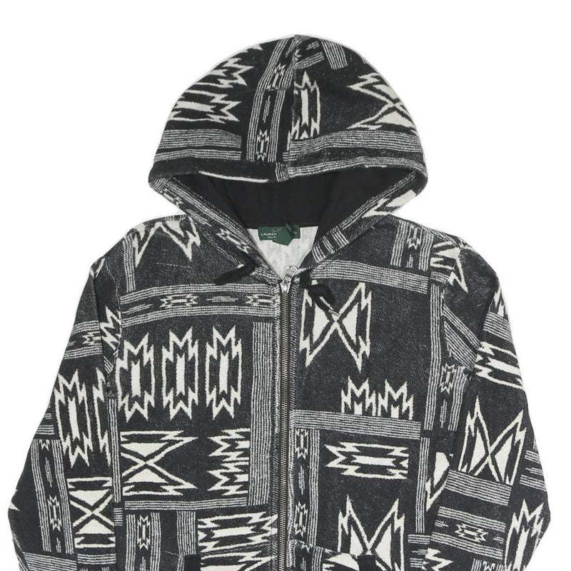 LAUREN RALPH LAUREN Womens Black & White Geometric Full Zip Hoodie L Relaxed Fit