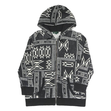 LAUREN RALPH LAUREN Womens Black & White Geometric Full Zip Hoodie L Relaxed Fit