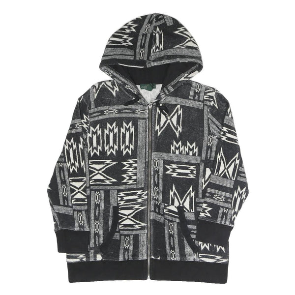LAUREN RALPH LAUREN Womens Black & White Geometric Full Zip Hoodie L Relaxed Fit
