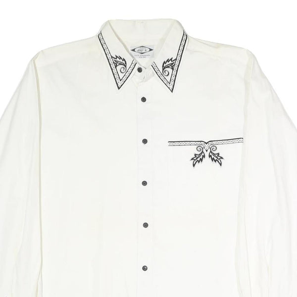 DAY-X Mens White XL Shirt Cotton Blend Long Sleeve Black Embroidery