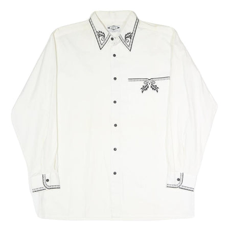 DAY-X Mens White XL Shirt Cotton Blend Long Sleeve Black Embroidery