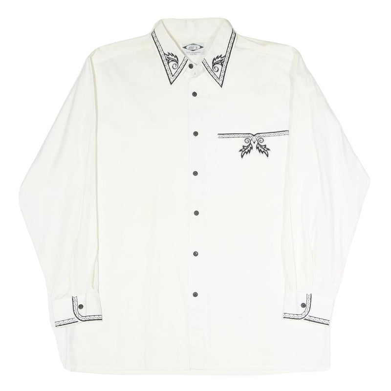 DAY-X Mens White XL Shirt Cotton Blend Long Sleeve Black Embroidery