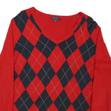 TOMMY HILFIGER Womens Red & Navy Patterned V-Neck Jumper Cable Knit L Cotton