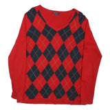 TOMMY HILFIGER Womens Red & Navy Patterned V-Neck Jumper Cable Knit L Cotton