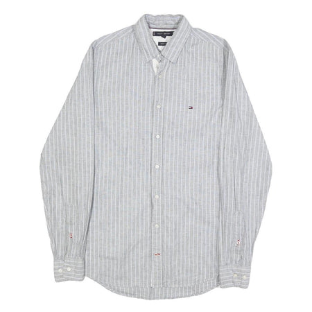 TOMMY HILFIGER Mens Grey & White Stripe Linen Blend Shirt S Classic Summer