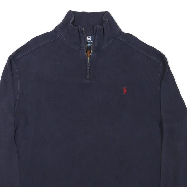 POLO RALPH LAUREN Mens Navy Blue Plain Quarter Zip Pullover Jumper L Cotton