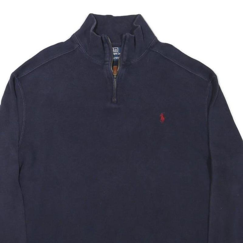POLO RALPH LAUREN Mens Navy Blue Plain Quarter Zip Pullover Jumper L Cotton