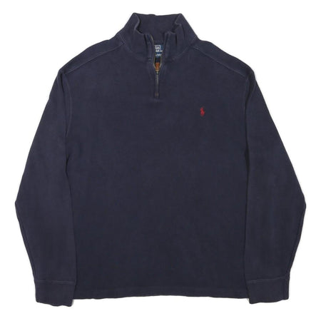 POLO RALPH LAUREN Mens Navy Blue Plain Quarter Zip Pullover Jumper L Cotton
