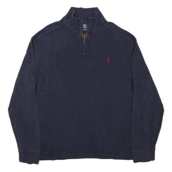 POLO RALPH LAUREN Mens Navy Blue Plain Quarter Zip Pullover Jumper L Cotton