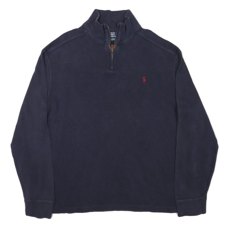POLO RALPH LAUREN Mens Navy Blue Plain Quarter Zip Pullover Jumper L Cotton