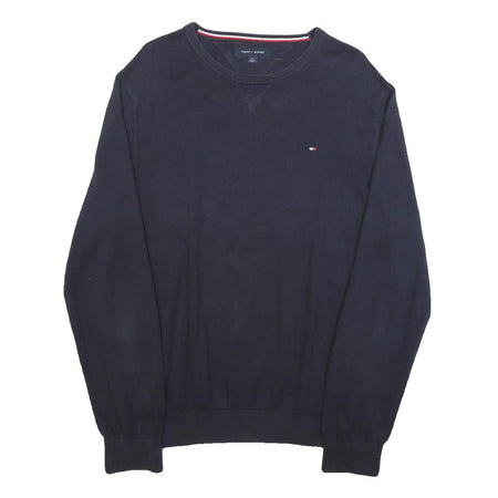 TOMMY HILFIGER Mens Navy Blue Plain Cotton Blend Crew Neck Basic Knit Jumper L