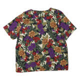 Womens Cream Red Purple Floral Print Cotton Blend Short Sleeve Top L Button