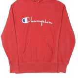 CHAMPION Mens Red Hoodie S Cotton Blend Pullover Logo Embroidered Pocket