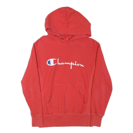 CHAMPION Mens Red Hoodie S Cotton Blend Pullover Logo Embroidered Pocket