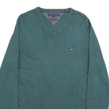TOMMY HILFIGER Mens Green Cotton Blend Plain V-Neck Basic Knit Jumper S