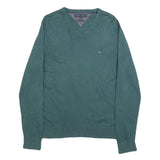 TOMMY HILFIGER Mens Green Cotton Blend Plain V-Neck Basic Knit Jumper S