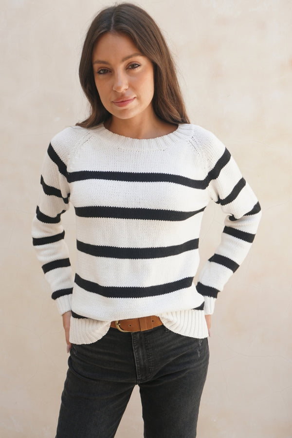 Stripe Sloane Crewneck in Off White