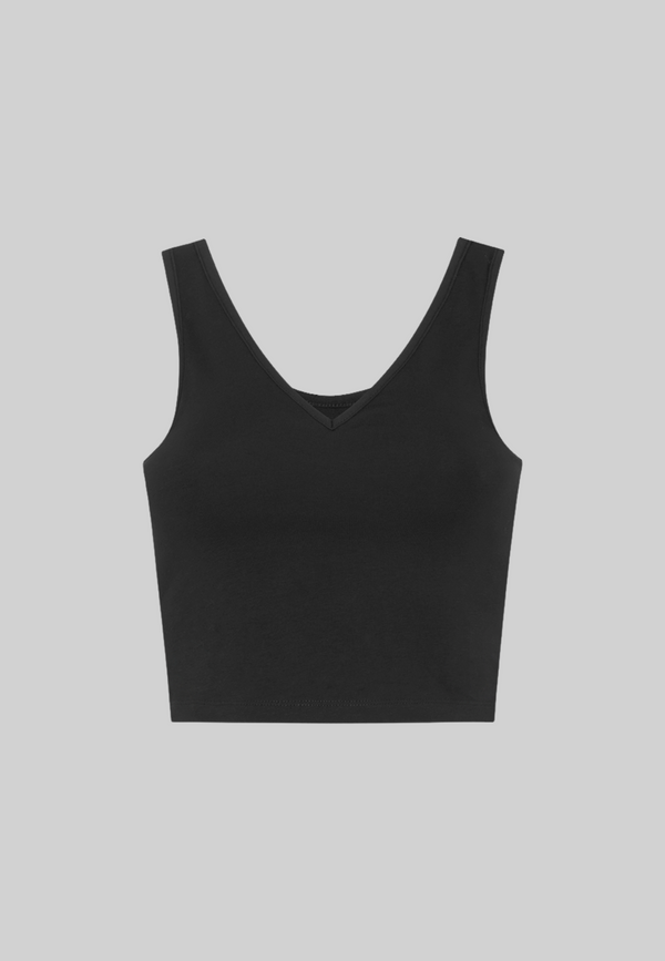 Organic Cotton V-Neck Cropped Tank Top, Black