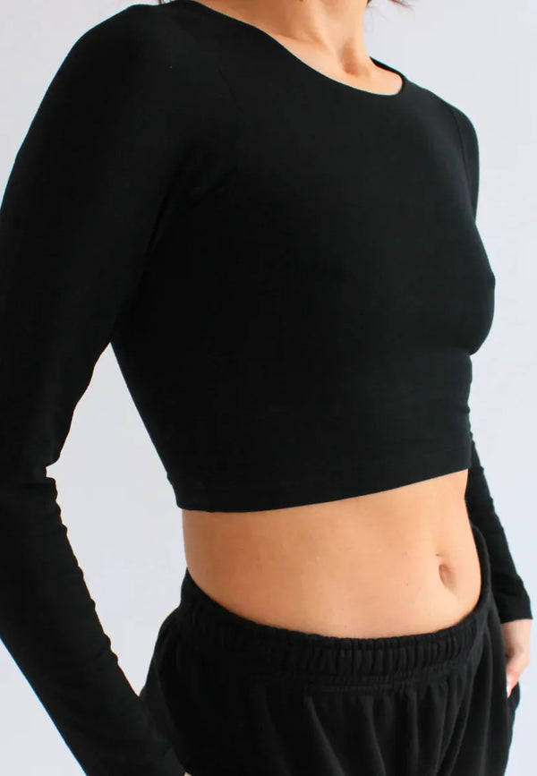 Organic Cotton Crew Long Sleeve Cropped T-Shirt, Black