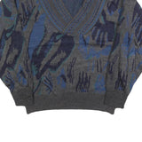 Mens Grey Blue Abstract Pattern V-Neck Chunky Knit Wool Blend Jumper L