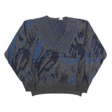Mens Grey Blue Abstract Pattern V-Neck Chunky Knit Wool Blend Jumper L