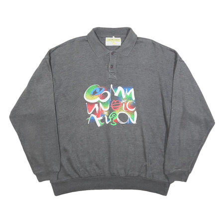 SWITCHER Mens Grey Cotton Blend Sweatshirt M Polo Collar Graphic Print Casual