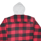WORKER Mens Red & Black Check Hooded Zip Jacket L Polyester Blend Casual Outdoor