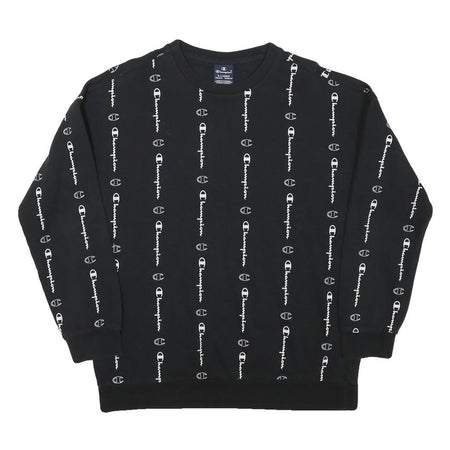 CHAMPION Boys Black Crew Neck XL Logo Print Cotton Blend Sweatshirt