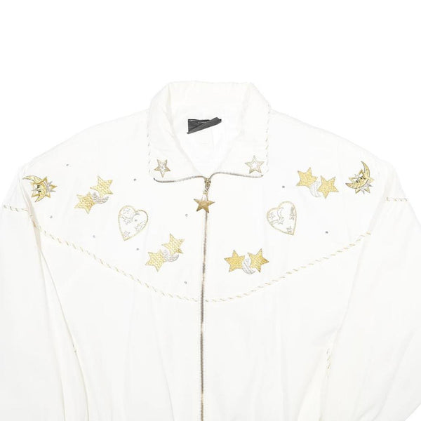C.O.D. Womens White Gold Accent Zip Jacket M Viscose Blend Star Heart Print