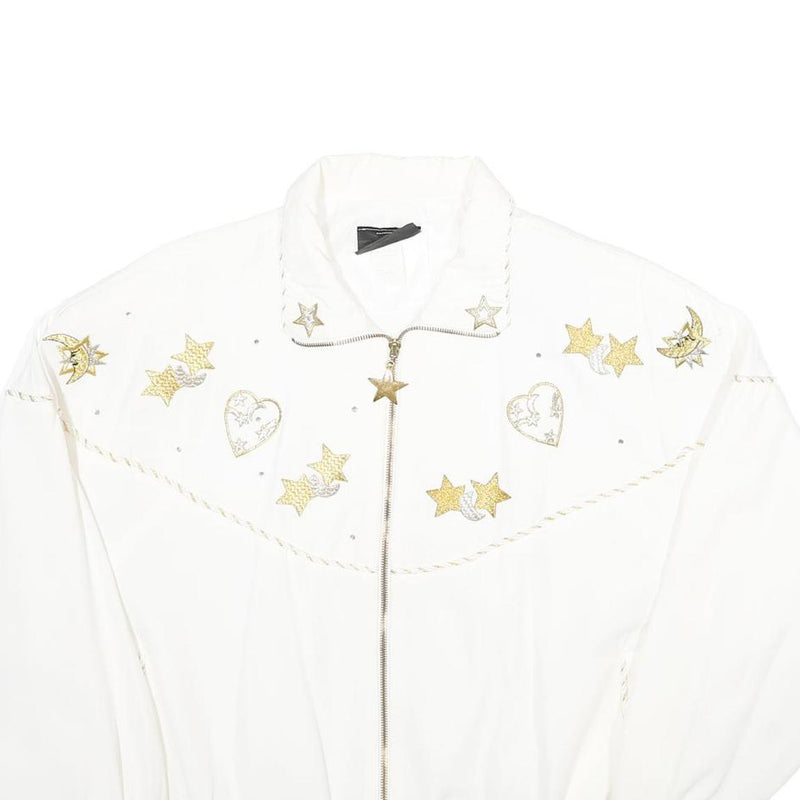 C.O.D. Womens White Gold Accent Zip Jacket M Viscose Blend Star Heart Print