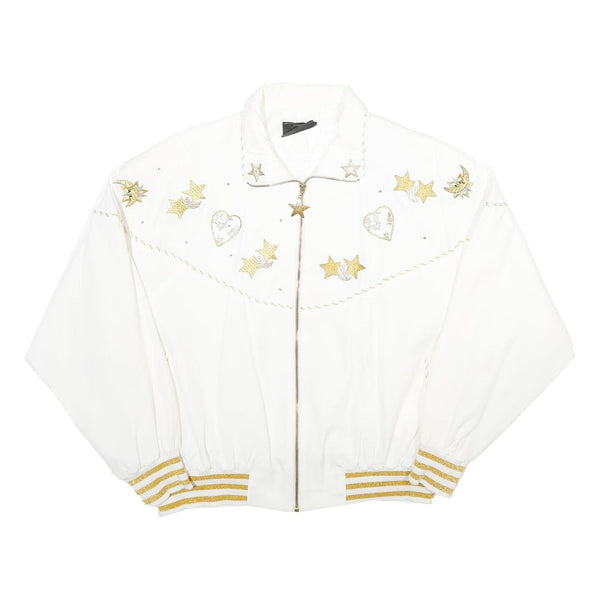 C.O.D. Womens White Gold Accent Zip Jacket M Viscose Blend Star Heart Print
