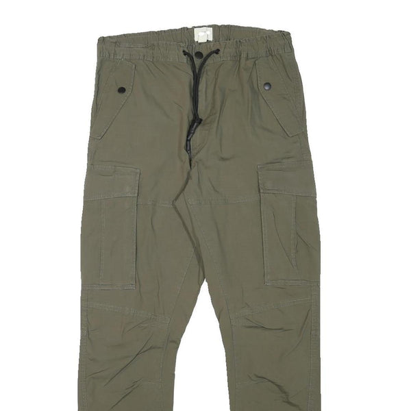 H&M Mens Cotton Blend Slim Cargo Trousers Green W29 L28 Drawstring Pockets