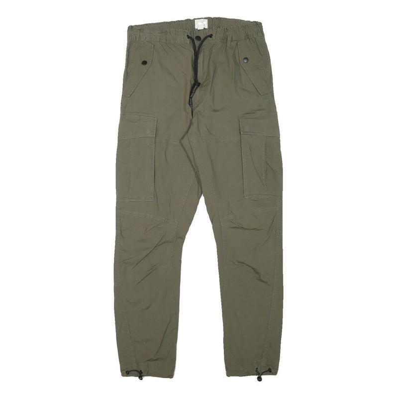 H&M Mens Cotton Blend Slim Cargo Trousers Green W29 L28 Drawstring Pockets