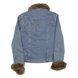 JONES NEW YORK Womens Blue Cotton Faux Fur Collar & Cuff Zip Denim Jacket L