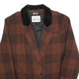 Womens Brown Check Button Jacket L Plaid Classic Retro Stylish Outerwear