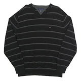 TOMMY HILFIGER Mens Black & Grey Striped Pattern Cotton Jumper V-Neck Basic Knit
