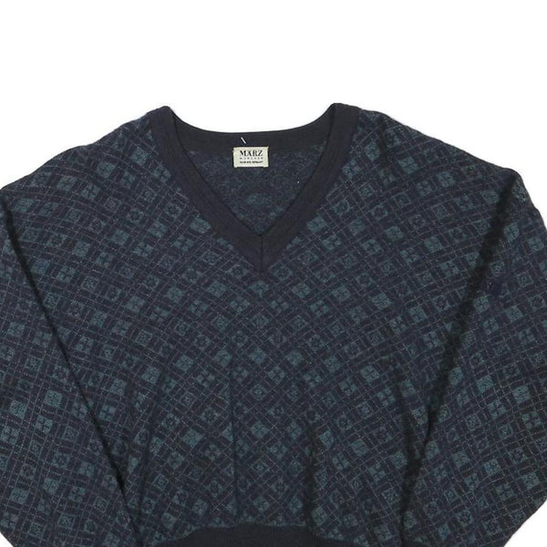 MARZ Womens Blue Patterned V-Neck Wool Jumper XS Knitwear