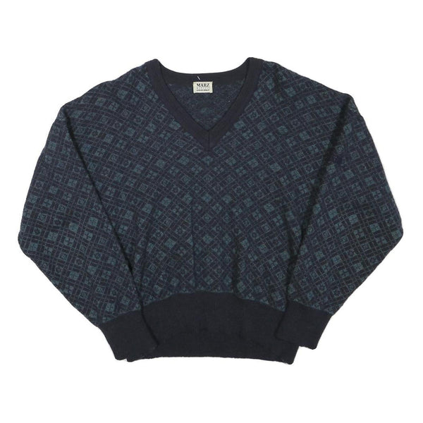 MARZ Womens Blue Patterned V-Neck Wool Jumper XS Knitwear