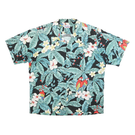 HAWAII Mens Black Floral & Green Leaves Hawaiian Shirt XL Tropical Print