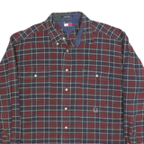 TOMMY HILFIGER Mens Red & Navy Check Shirt XL Button-Down Long Sleeve Cotton