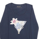 GUESS Womens Navy Blue Graphic T-Shirt M Long Sleeve Scoop Neck Elegant Design