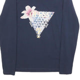 GUESS Womens Navy Blue Graphic T-Shirt M Long Sleeve Scoop Neck Elegant Design