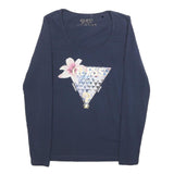 GUESS Womens Navy Blue Graphic T-Shirt M Long Sleeve Scoop Neck Elegant Design