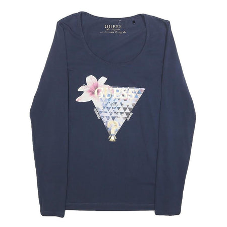 GUESS Womens Navy Blue Graphic T-Shirt M Long Sleeve Scoop Neck Elegant Design