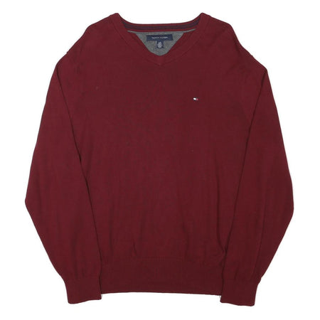 TOMMY HILFIGER Mens Maroon Plain V-Neck Basic Knit Jumper M Cotton Blend Casual