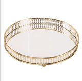 ANYHOUZ Gold Round Glass Mirror Tray with Metal Handle – Vanity Organizer for Food, Jewelry & Cosmetics