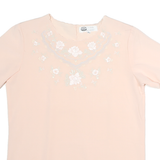 Womens Pink Embroidered Plain Cotton Short Sleeve Round Neck Top M