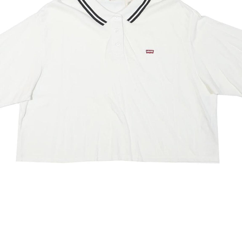 LEVI'S Womens White Cropped Polo Shirt L Cotton Blend Short Sleeve Striped